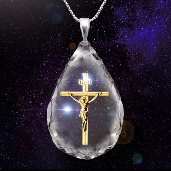 Crystal Waterdrop Jesus Cross Gold Pendant Necklace Christian Jewelry - Picture 4 of 4